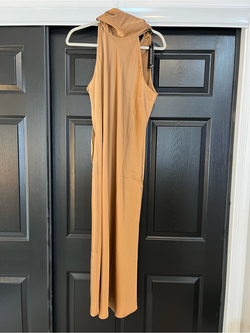 Banana Republic Sleeveless Satin High-Neck Tie Dress in Camel Tan